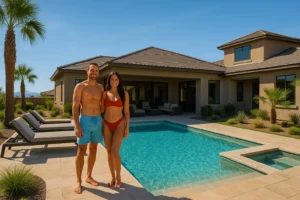 happy couple by the solar heated pool