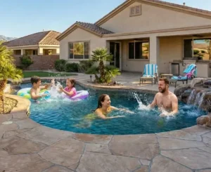 family enjoying their solar heated pool