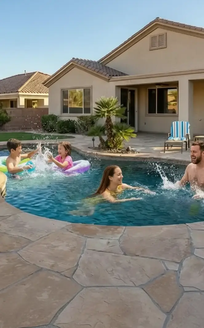 happy family swimming in the pool