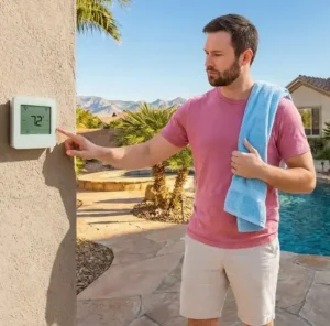 man checking the temperature for the pool